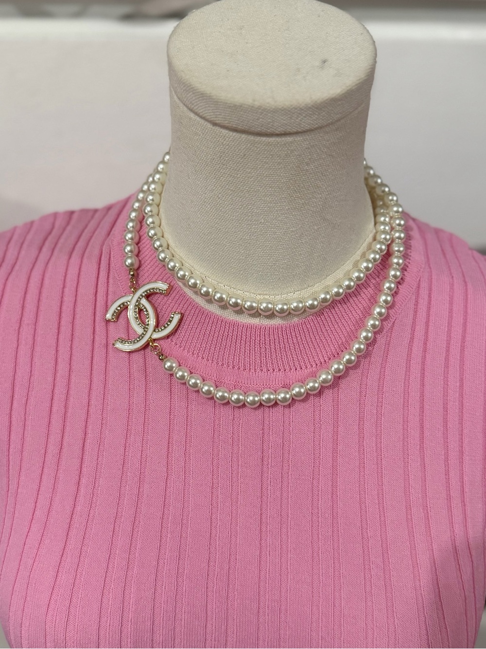 CHANEL White Pearl Double-Strand Necklace with Gold CC Charm